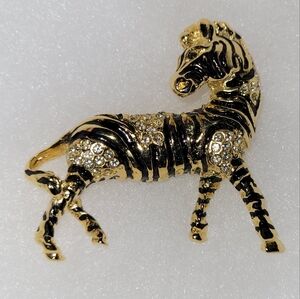 Walking Zebra Brooch Pin Gold-Tone & Black Enamel with Crystal Rhinestones EUC